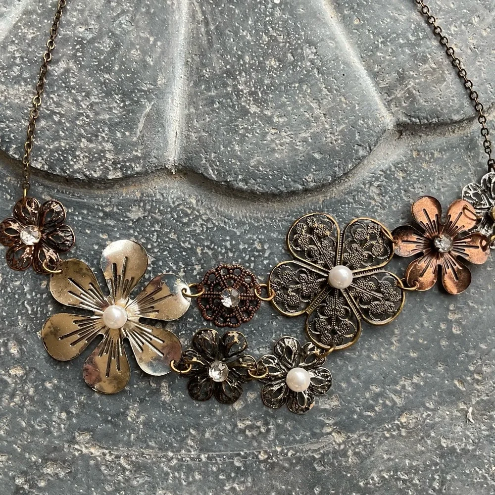 Floral Necklace Mixed Metal Crystal Pearl Filigree 17” antique style